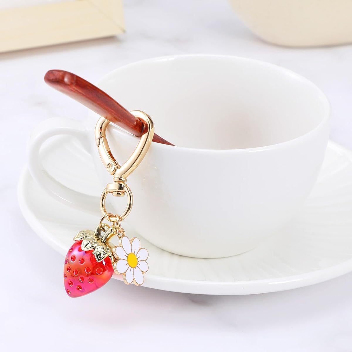 PALAY Strawberry Bag Charms Keychain for Handbags with Heart Carabiner and Flower Accent | 2 Pcs Gift Set for Women and Girls