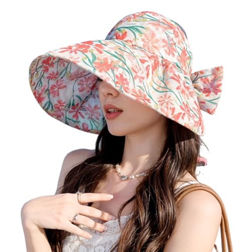 PALAY® Sun Hat for Women, Wide Brim Floral Print Beach Hat for Women with Chin Strap, Large Bow Packable Sun Protection Hats (Lightweight & Breathable) Red
