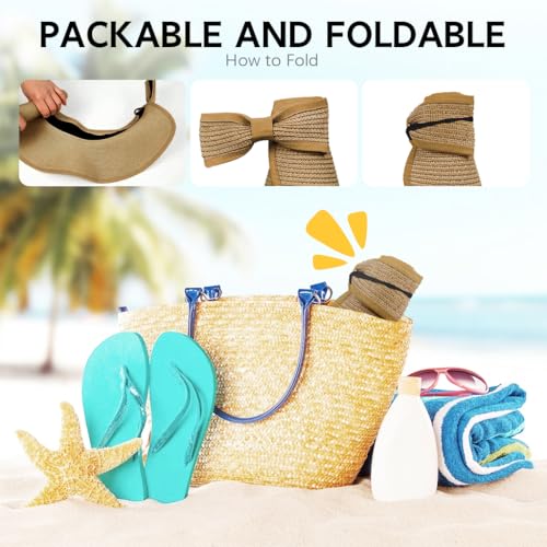 PALAY® Straw Hat for Women, Beach Hat Packable Summer Sun Hats for Women UV Protection, Portable Wide Brim Roll-up Foldable Outdoor Ladies Hats (Khaki)