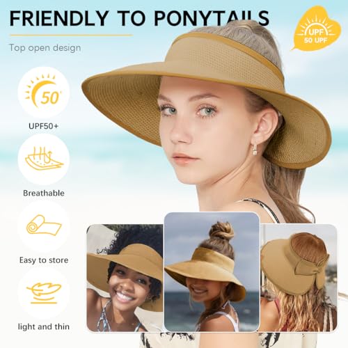 PALAY® Straw Hat for Women, Beach Hat Packable Summer Sun Hats for Women UV Protection, Portable Wide Brim Roll-up Foldable Outdoor Ladies Hats (Khaki)