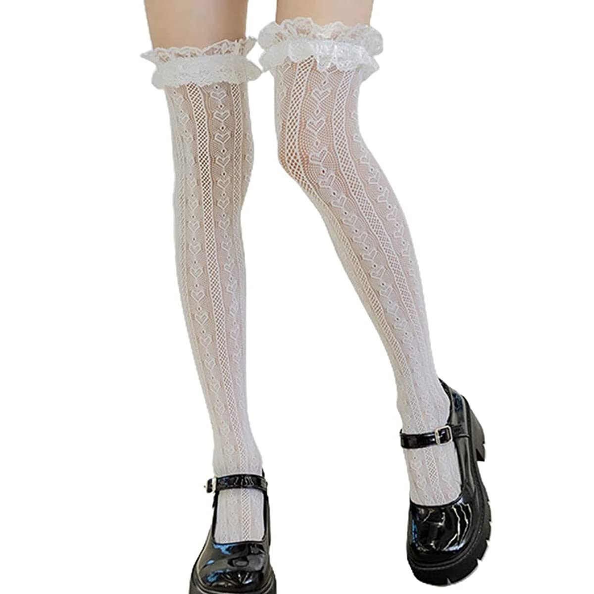 PALAY Lolita Lace Socks for Girls featuring Hollow Out Fishnet Design 22.44 in Length White