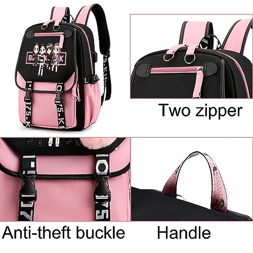 PALAY® Black Pink Bag for Girls School with USB Cable Jack Cute Backpacks Idol Print Design Laptop and Casual Student Accessories That Hold 16.8 Inch Books 2 PCS