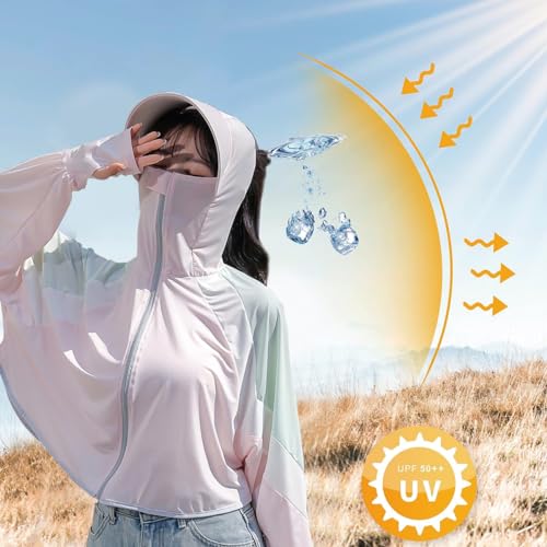 PALAY® Woman Sun Protection Hoodie Jacket Lightweight UPE50+ Sun Blocking Coat with Pocket Long Sleeve Shirt Hiking Outdoor with Face Mask, Pink 3 PCS