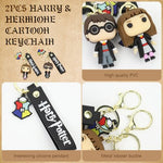 PALAY® 4PCS Couple Keyrings Harry Hermione Cartoon Figure Charm Metal Keychain with Silicone Hand Strap Backpack Handbag Best Friends Gift for Girls Boys