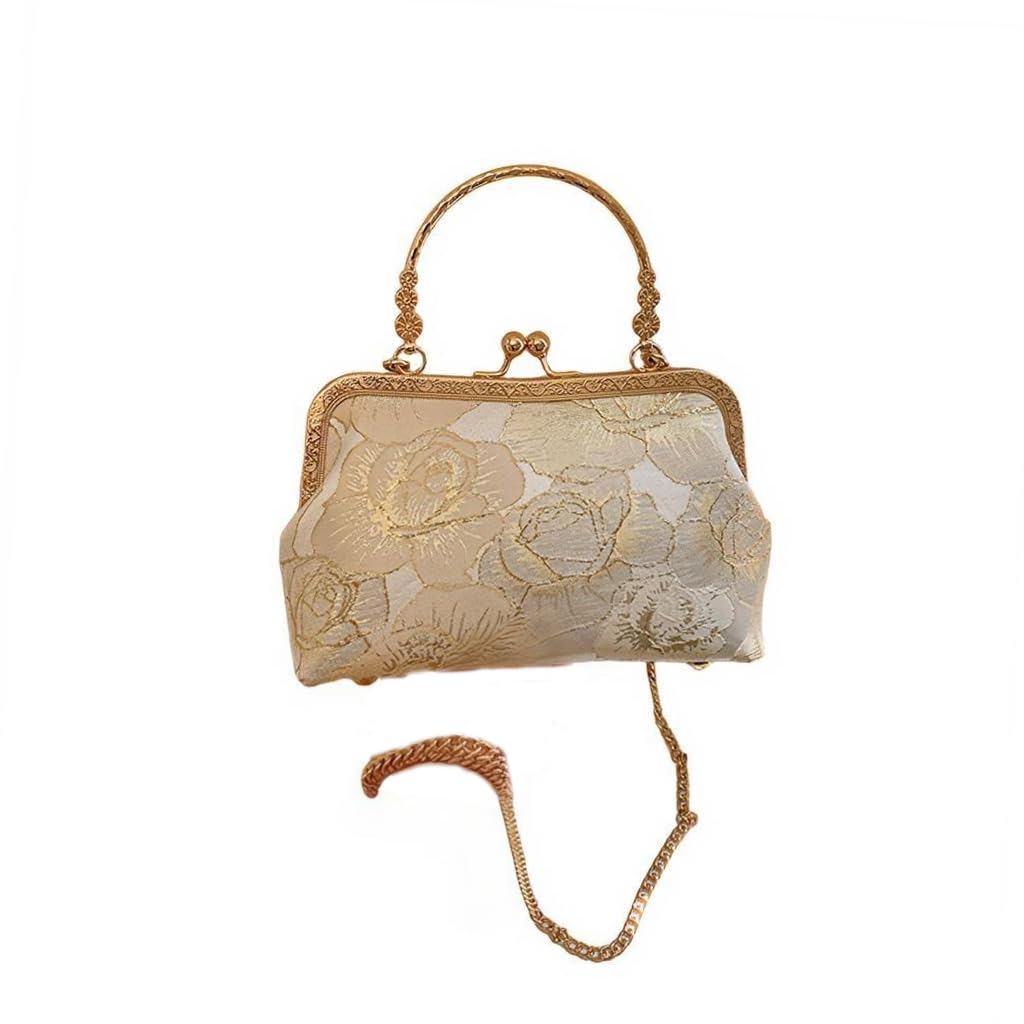 PALAY® Chinese Style Cheongsam Evening Bag Mini Crossbody Handbag Floral Embroidery Light Gold for Parties Formal Events