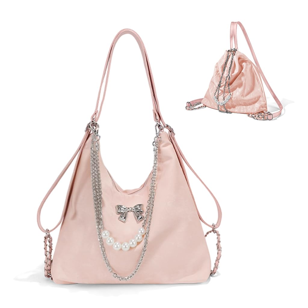 PALAY® Tote Bag for Women PU Hobo Bag Chic Bow Charm Chain Shoulder Bag Convertible Shoulder Bag Backpack Fashion Casual Hobo Bag, Pink