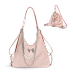 PALAY® Tote Bag for Women PU Hobo Bag Chic Bow Charm Chain Shoulder Bag Convertible Shoulder Bag Backpack Fashion Casual Hobo Bag, Pink