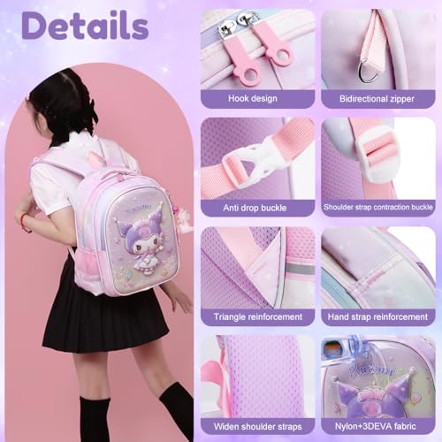 PALAY® Kuromi Backpack Kawaii Primary Schoolgirls Backpack School Double-layer Travel Book Bag Waterproof Nylon Book Bag School Gift Birthday Gift for Girls 4-6 Years Old