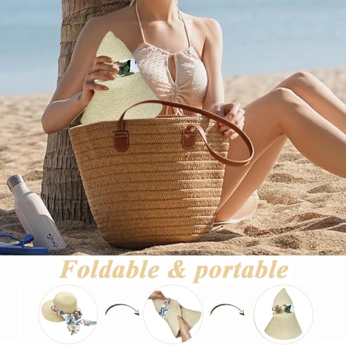 PALAY® Womens Straw Hat for Summer Wide Brim Sun Hats with Print Ribbon Fashion Beach Ladies Beige UV Protection Cap Lightweight Breathable 2 PCS