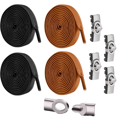 PALAY® 2 PairsLock Shoelaces Without Ties Flat Elastic Laces Sneakers Boots No Tie Shoelace Rubber Bands For Shoes Accessories(Black+Bronze)