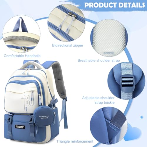 PALAY® Girls Backpack School with Small Zipper Pouch Fashion Blue Nylon Padded Shoulder Straps Handle Design Multi Compartment Large Camping Travel 2 PCS