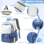 PALAY® Girls Backpack School with Small Zipper Pouch Fashion Blue Nylon Padded Shoulder Straps Handle Design Multi Compartment Large Camping Travel 2 PCS