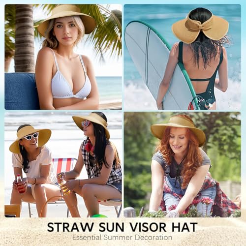 PALAY® Straw Hat for Women, Beach Hat Packable Summer Sun Hats for Women UV Protection, Portable Wide Brim Roll-up Foldable Outdoor Ladies Hats (Khaki)
