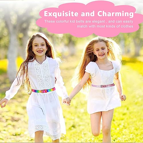 PALAY® 4PCS Girls Belt PU Leather Glittering Pink Stylish Rainbow Waist with Metal Buckle 31inch for 6-12 (Pink & Rainbow)