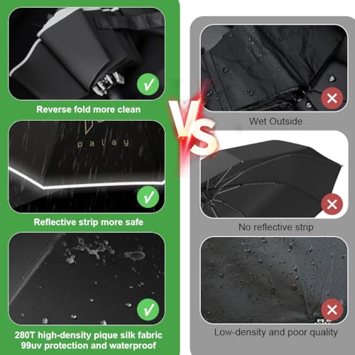 PALAY® Large Umbrella for Men Women with Reflective Strap 50 Inch Automatic Open Close Windproof Travel Folding Reinforced 10 Dual Ribs 99 UV Protection Carabiner Handle Design