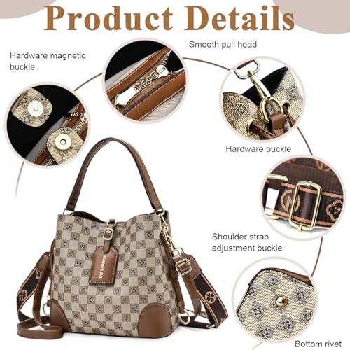 PALAY® PU Bucket Bag for Women Fashion Check Pattern Crossbody with Detachable Shoulder Belt Daily Versatile 3 PCS