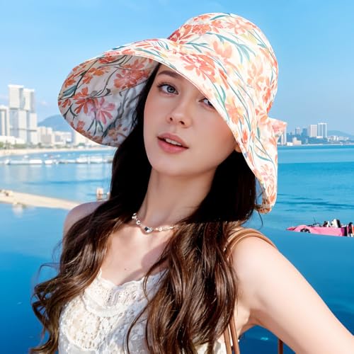 PALAY® Sun Hat for Women, Wide Brim Floral Print Beach Hat for Women with Chin Strap, Large Bow Packable Sun Protection Hats (Lightweight & Breathable) Red