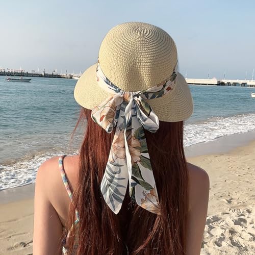 PALAY® Womens Straw Hat for Summer Wide Brim Sun Hats with Print Ribbon Fashion Beach Ladies Beige UV Protection Cap Lightweight Breathable 2 PCS