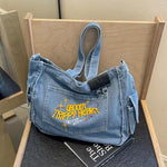 PALAY® Chic Cloth Bag for Girls Women Casual Shoulder Crossbody Tote 2 in 1 Variable Hand Fashion Letter Embroidery Denim Book for Daily School 2PCS
