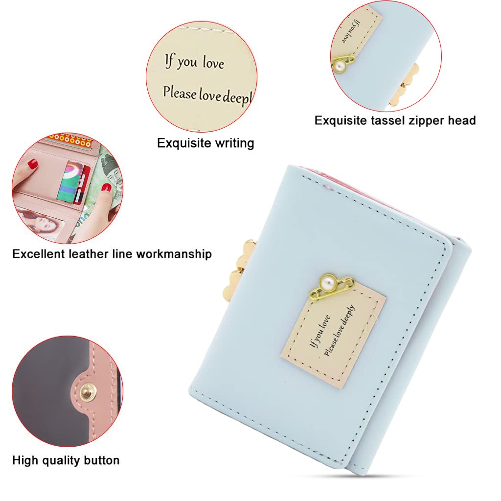 PALAY Mini Wallet for Women with Heart Metal Buckle and Card Slots | Blue PU Leather Clutch