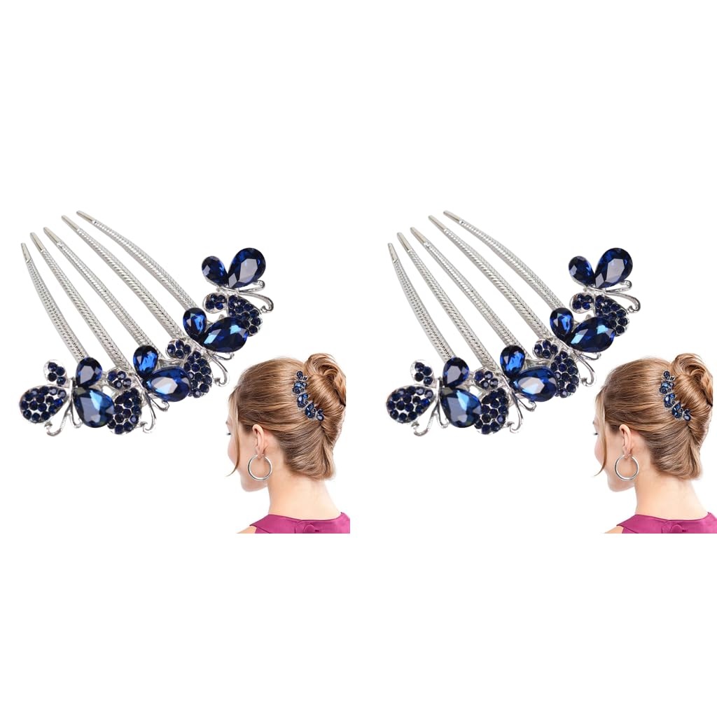 PALAY Hair Comb Clip for Bridal and Party Hairstyles with Butterfly Rhinestones Blue 2 PCS