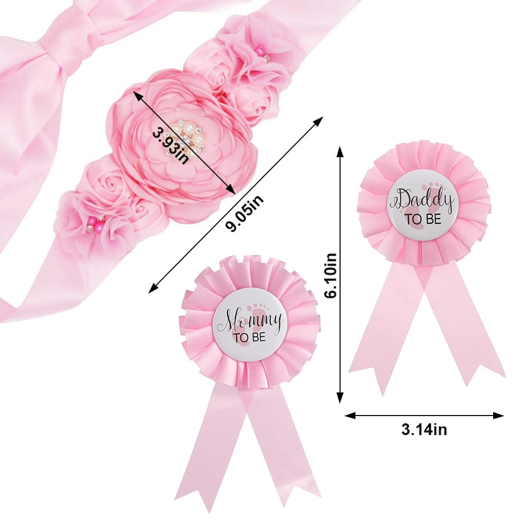 PALAY Mom to Be Decoration Set for Baby Shower with 70 in Chiffon Flower Sash | Pink