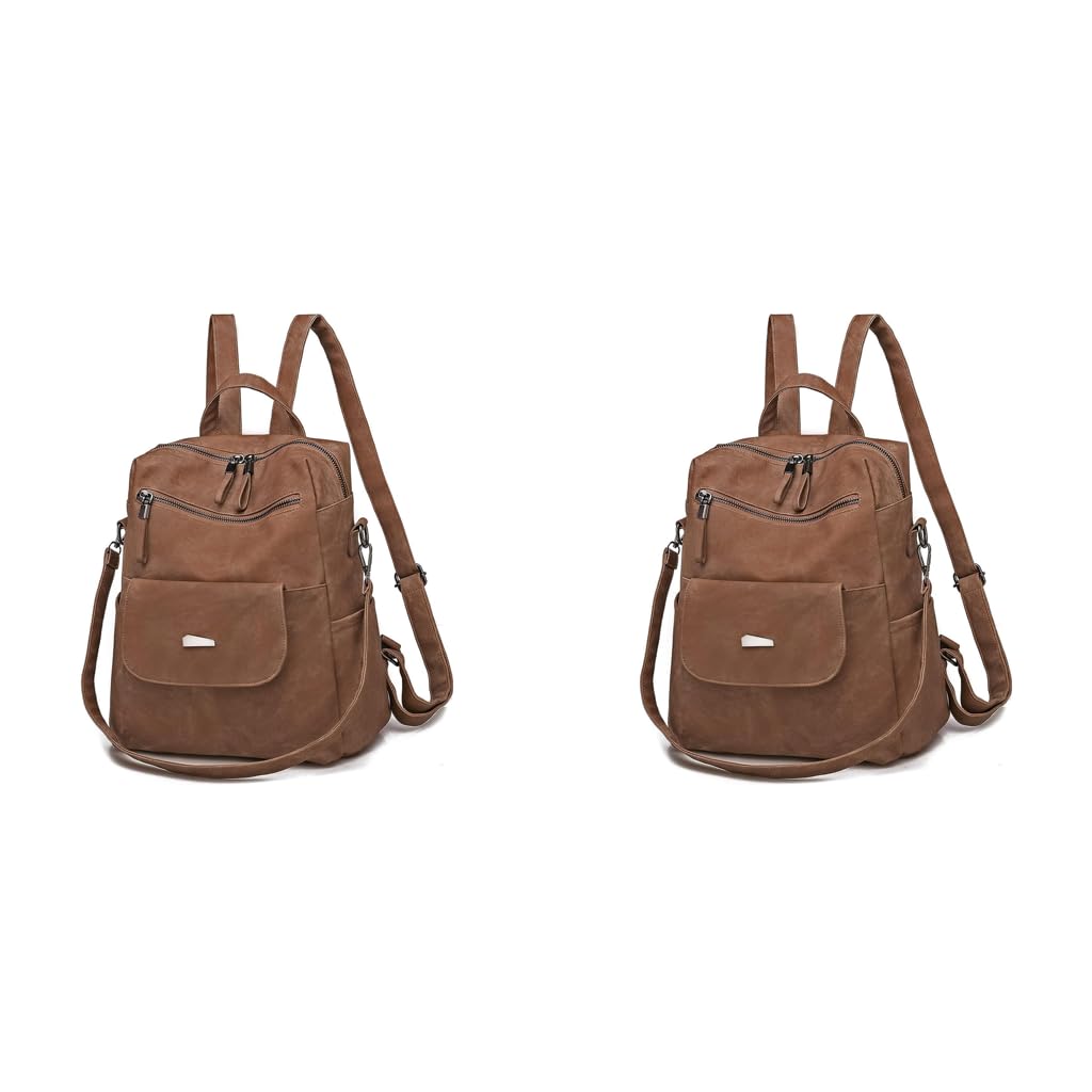 PALAY PU Leather Backpack for Women with 12x11 in Capacity and Back Zipper Pocket | Brown 2 PCS
