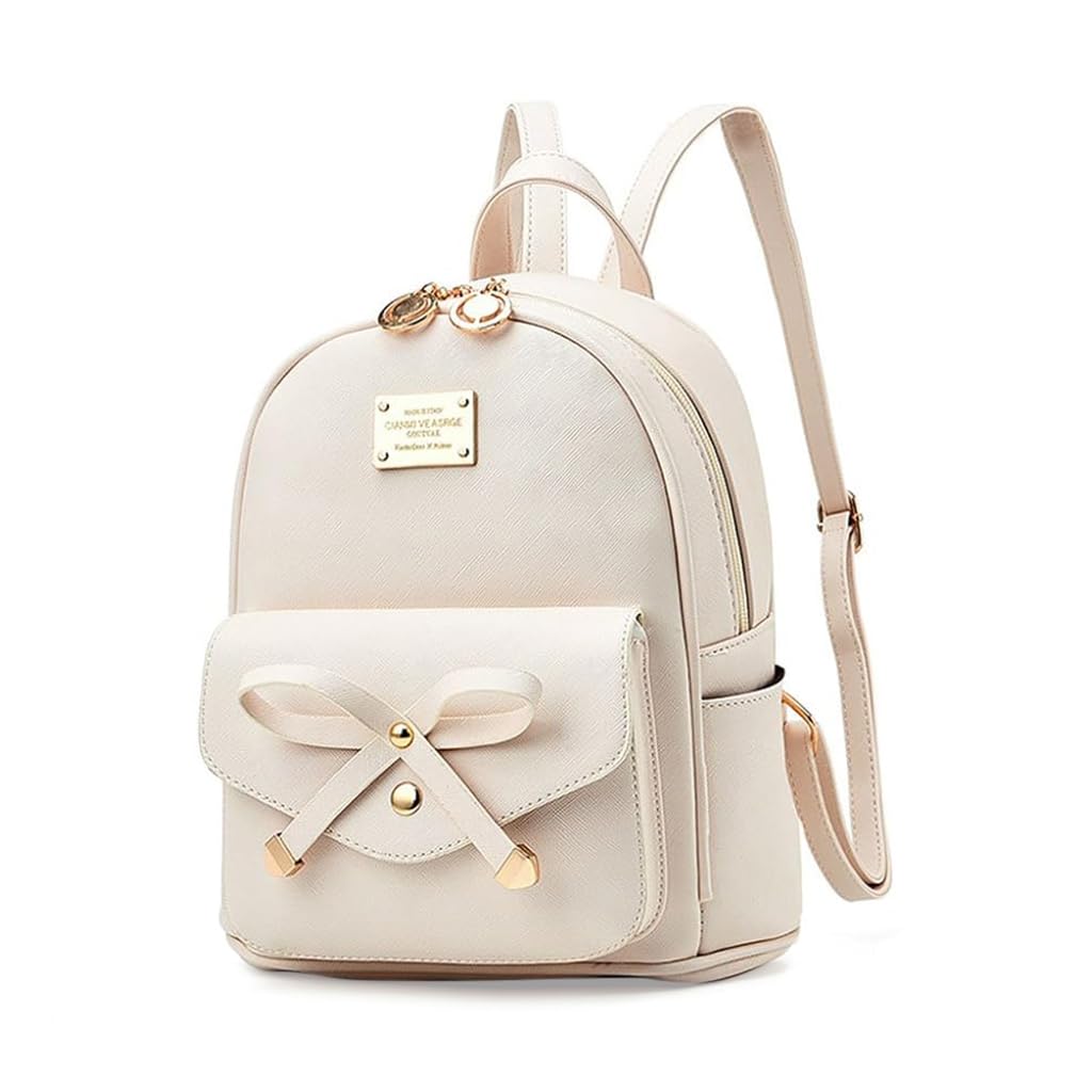 PALAY Girls Leather Backpack for School and Travel with Dual Zippers 22x13x24cm | White Bowknot Purse