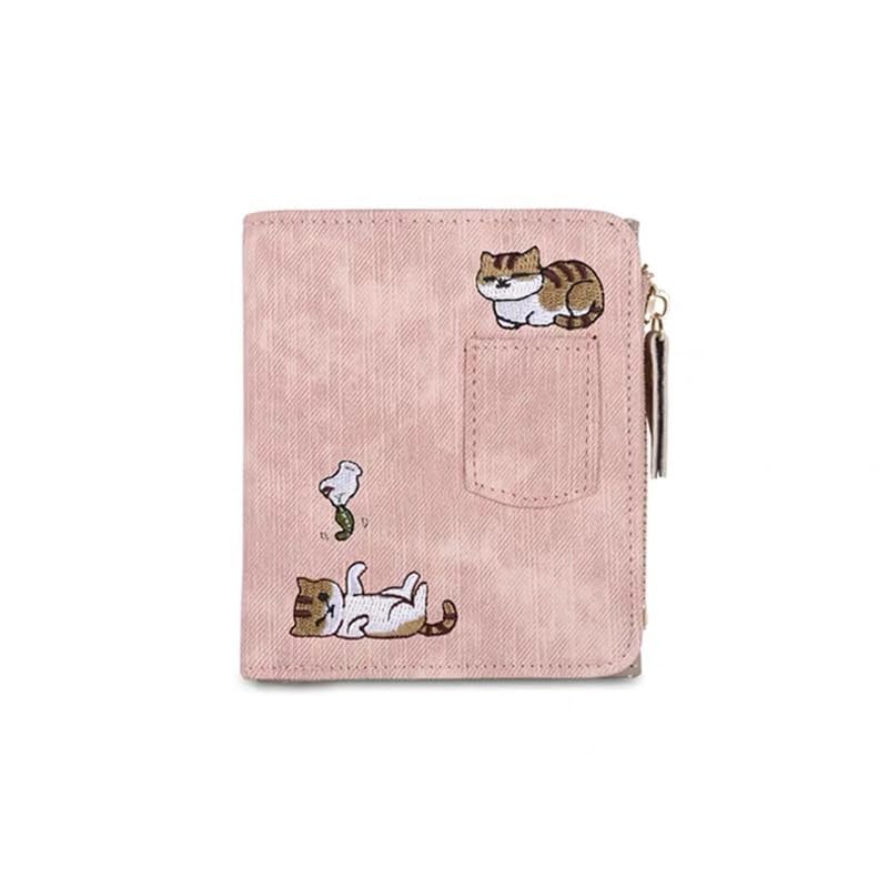 PALAY® Womens Small Bifold Wallet PU Leather with Cat Embroidery Large Capacity Card Holder for Daily Use Travel Shopping