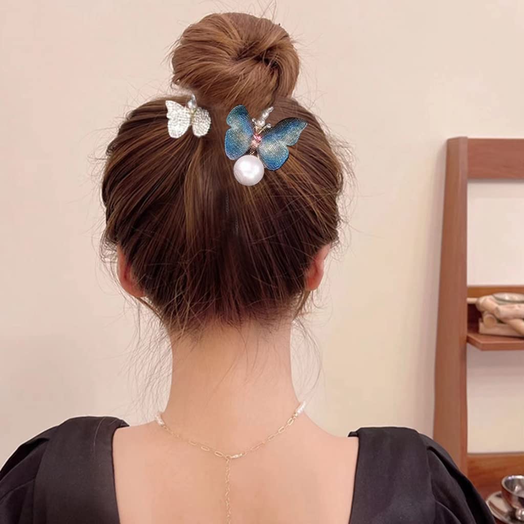 PALAY® Hair Bun Accessories for Women Pearl Butterfly Bun Holder Hair Style Clip, Stylish Metal Rhinestone Twist Hair Bun Clips for Ladies Bride Party or Daily