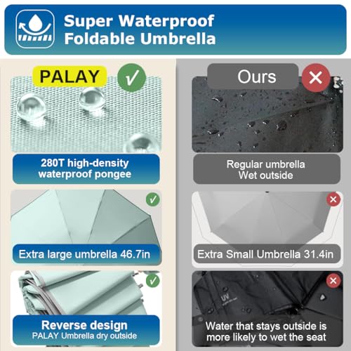 PALAY® 50 Large Umbrella with Reflective Strip Auto 3-Fold Compact Travel Umbrella Carabiner Handle Reinforced 10 Dual Ribs Sun Protection 99 UV Rain Windproof for Men Women Mint Green 3 PCS