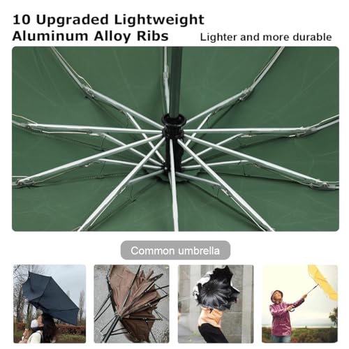 PALAY® Auto 3-Fold Large Umbrella with Reflective Strip 50 Inch Compact Travel Umbrella One-Touch Open Close Reinforced 10 Dual Ribs Sun Protection 99 Percent UV Rain Windproof for Men Women Green X 2