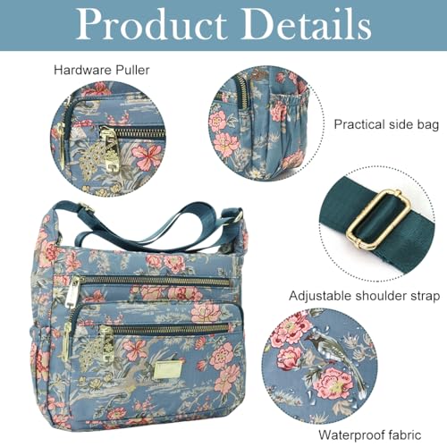 PALAY® Crossbody Bag for Women Nylon Shoulder Floral Multi-Pocket Purse 2 PCS