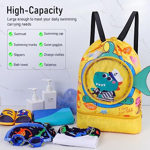 PALAY® Swimming Bag for Kids Cute Cartoon Shark Print Waterproof Drawstring Backpack Dry Wet Separation Storage Travel Sports Portable Beach Yellow 3 PCS