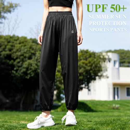 PALAY® Womens Hiking Pants UPF 50+ Lightweight Quick Dry Outdoor Travel Joggers Sun Protective Athletic Lounge Trousers Breathable Cooling High Waist Casual Wear One Size Fits 40-80kg Black