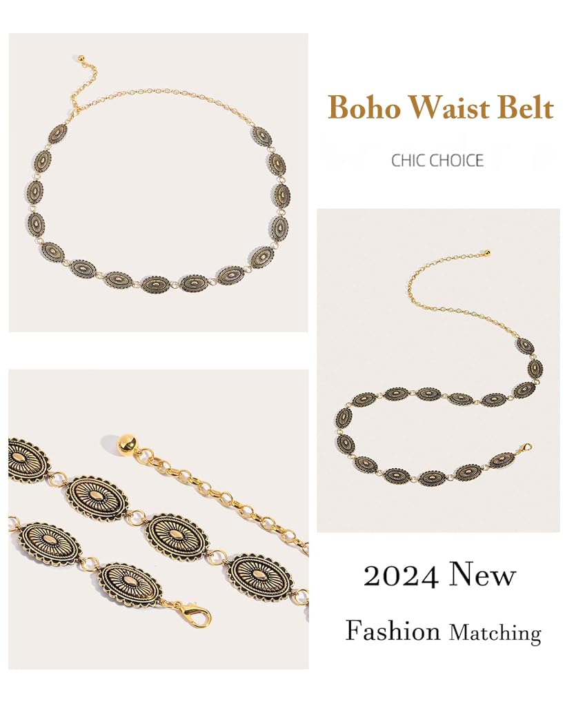 PALAY Boho Waist Belt for Women featuring Adjustable Fit and Golden Metal Concho Design 29.53 in