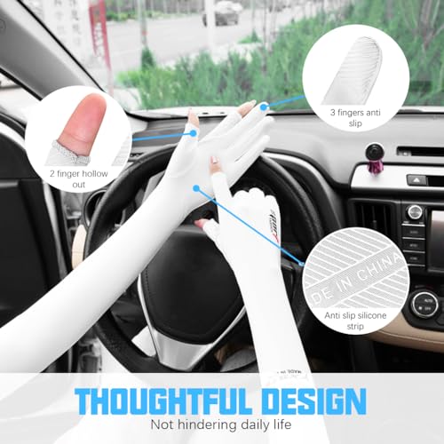 PALAY® 2 Pairs Sun Protection Gloves for Women Men Non-Slip Touch Screen Arm Sleeves Breathable Silk Cooling UV Protection Hand Sleeves Full Arm Hand Gloves for Bike Riding, Driving, Cycling - White
