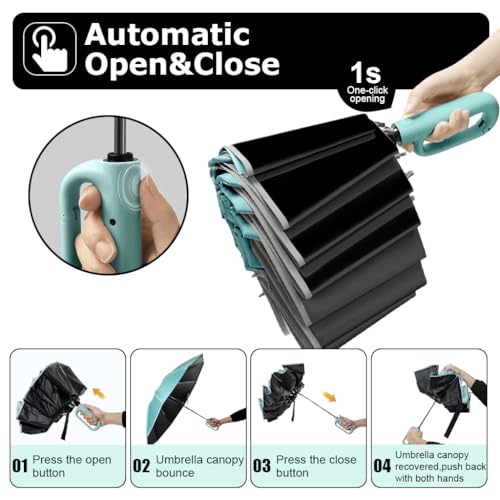 PALAY® Large 50'' Windproof Umbrella for Men & Women, Automatic Open/Close, 10 Dual Ribs, Reflective Strap, Carabiner Handle, 99% UV Protection, Travel Folding, Ideal for Daily Use