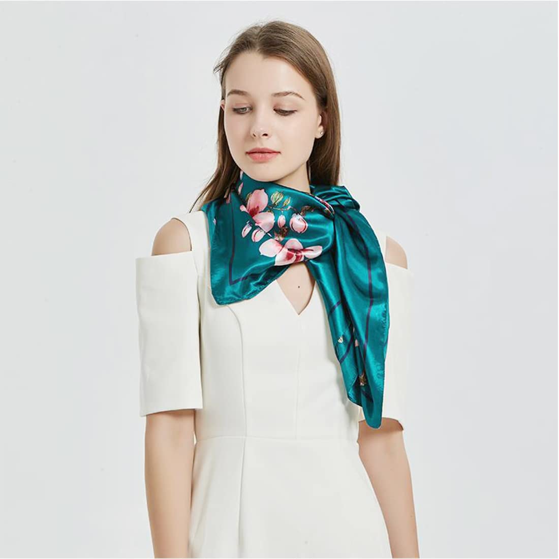 PALAY Head Scarf for Women featuring 35in Square Design with Green Print Satin Feel | 2PCS