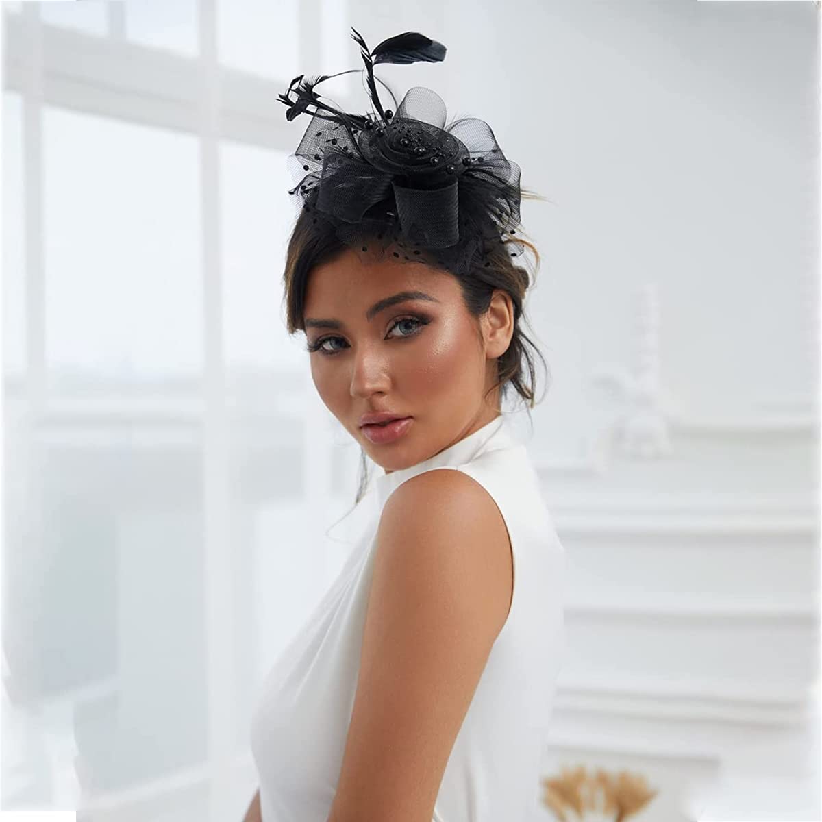 PALAY Fascinator Hats for Women with Mesh Feathers and Pearl Flower | Vintage Tea Party Headwear