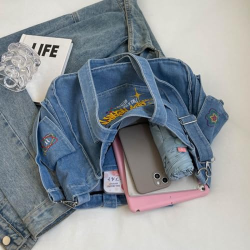 PALAY® Chic Cloth Bag for Girls Women Casual Shoulder Crossbody Tote 2 in 1 Variable Hand Fashion Letter Embroidery Denim Book for Daily School 2PCS