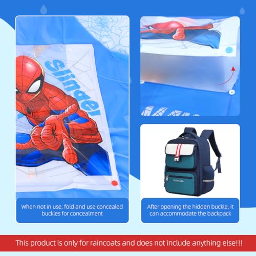 PALAY® Rain Coat for Kids Spider Man Poncho Raincoat for Kids 9-11 Years Boys Girls with Pockets Wide Brim Hooded Poncho Safe School Bag Rain Cover Spider Print Recommended Height 140-150CM(XXL Size)