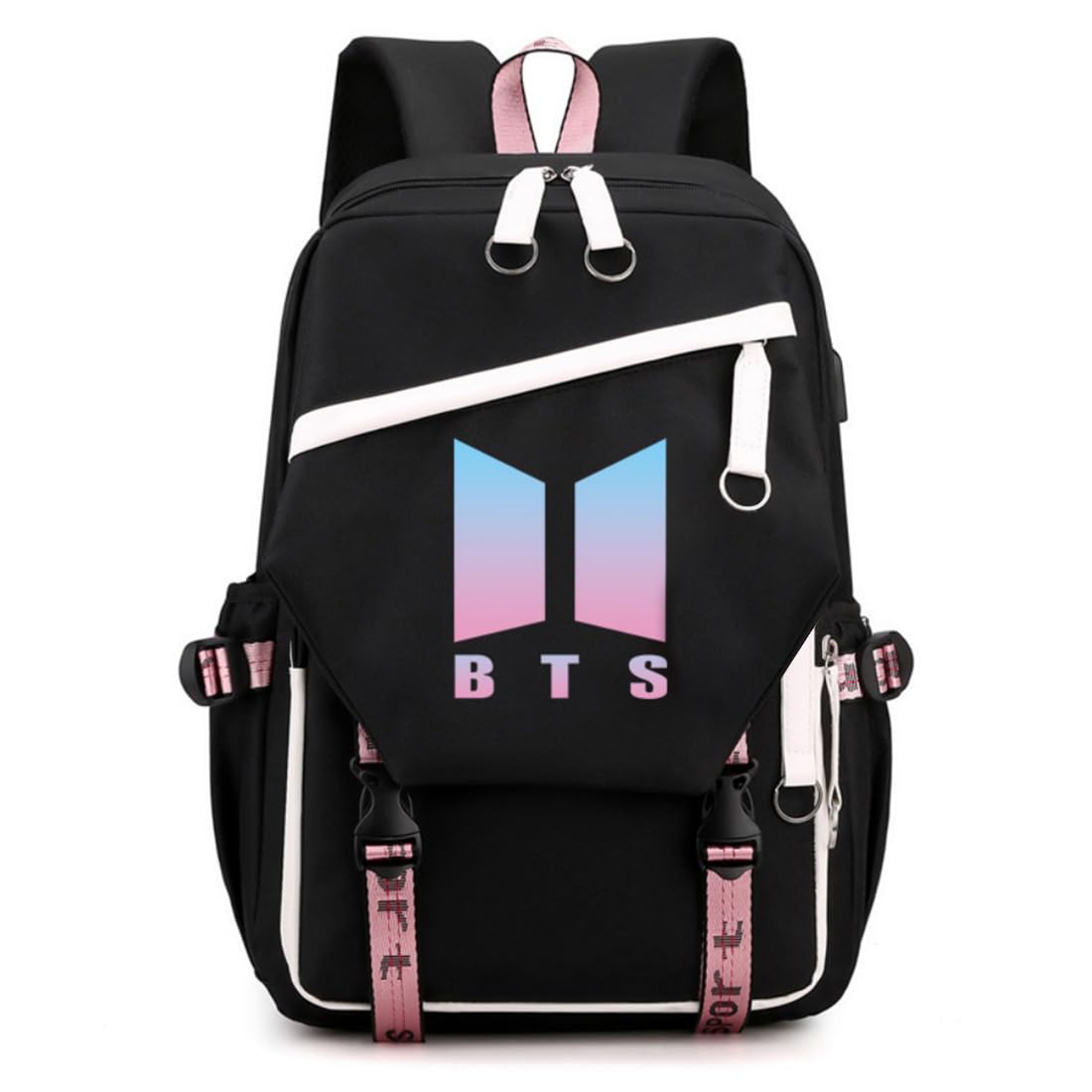 PALAY BTS Backpack for School and Travel with USB Charging Port 32×15×45cm Black for Kids