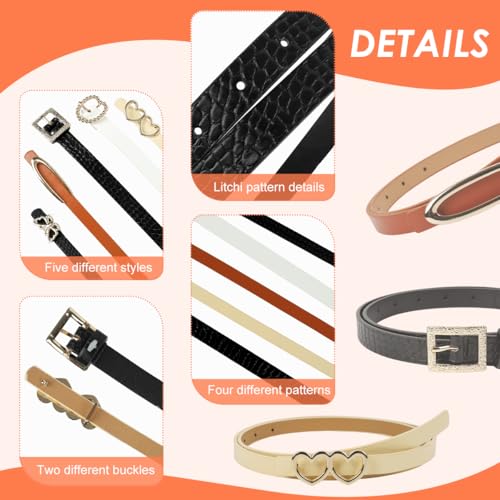 PALAY® Brown Belt for Women Jeans, 5pcs Black Belt for Women Dresses, Fashion Slim Ladies Belts Combo, Versatile PU Leather White Belts, Metal Decorative Buckle