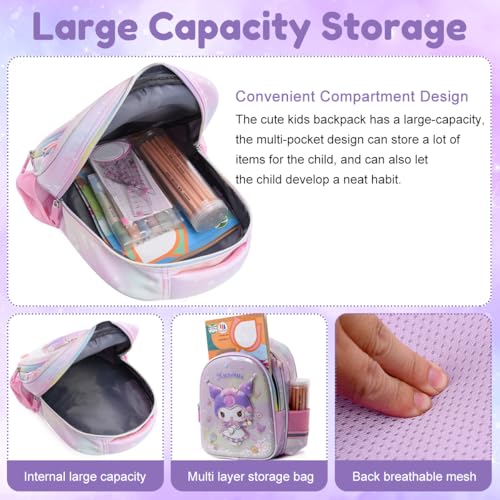 PALAY® Kuromi Backpack Kawaii Primary Schoolgirls Backpack School Double-layer Travel Book Bag Waterproof Nylon Book Bag School Gift Birthday Gift for Girls 4-6 Years Old