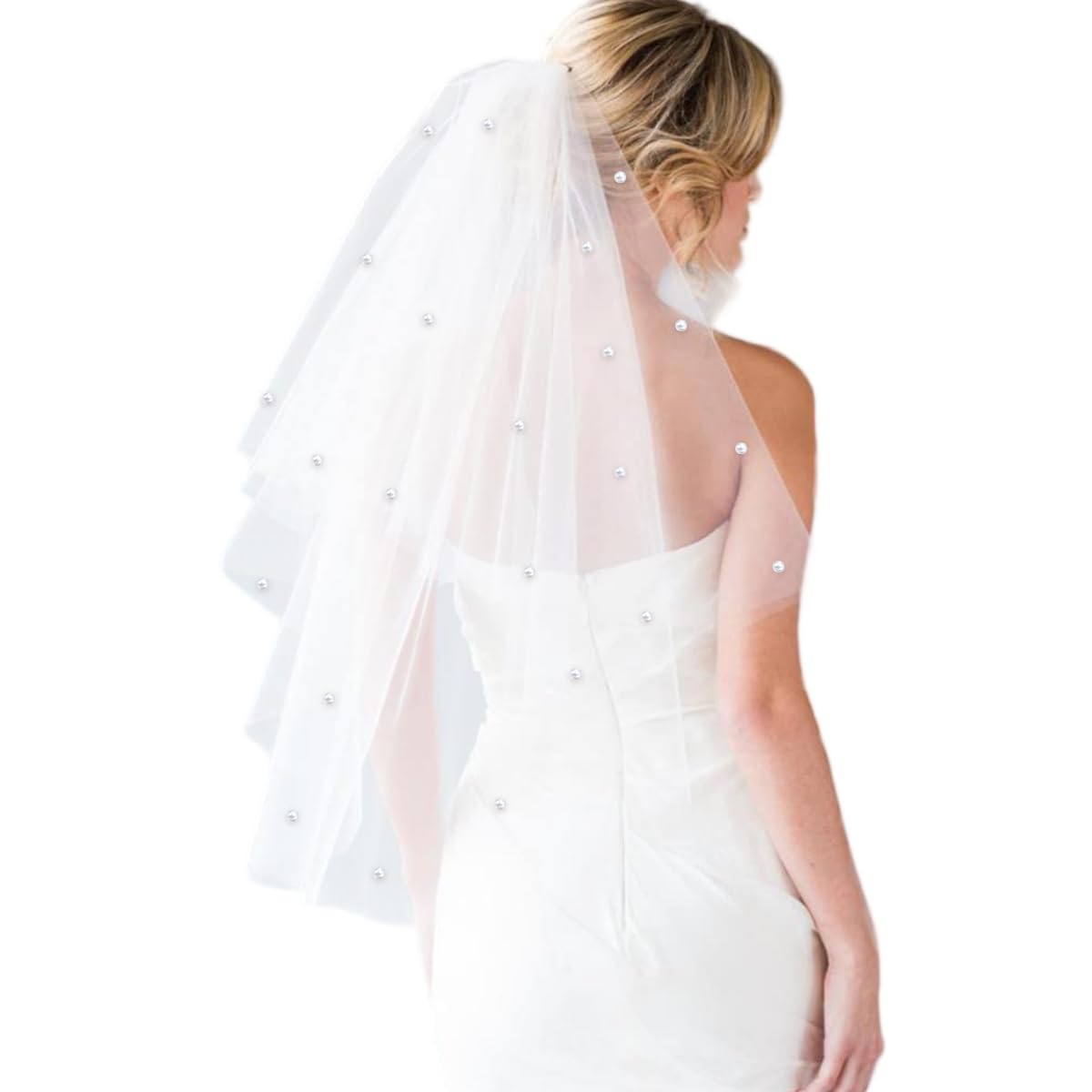 PALAY Bridal Veil for Brides featuring White Short Design with Pearl and Rhinestone Detail