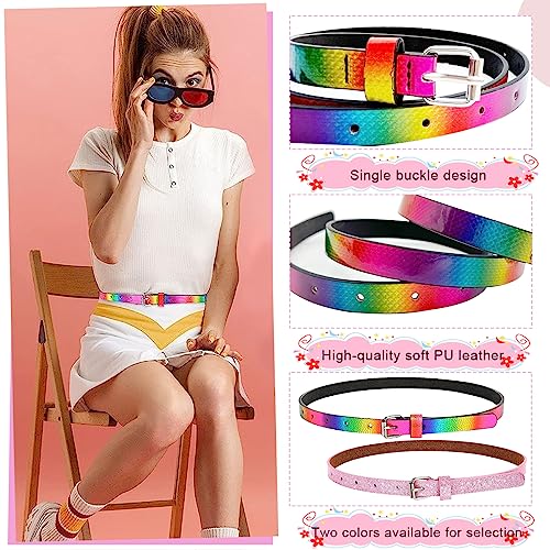 PALAY® 4PCS Girls Belt PU Leather Glittering Pink Stylish Rainbow Waist with Metal Buckle 31inch for 6-12 (Pink & Rainbow)