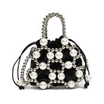 PALAY Small Drawstring Shoulder Bag for Evening and Casual Use with Beaded Chain and White Acrylic Pearl Embellishment 14x16cm