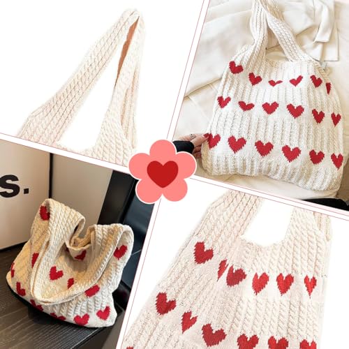 PALAY® Premium Knitted Heart Pattern Tote Bag Large Soft & Spacious Hippie Beach Bag for Women, Ideal for Work, School, and Casual Outings