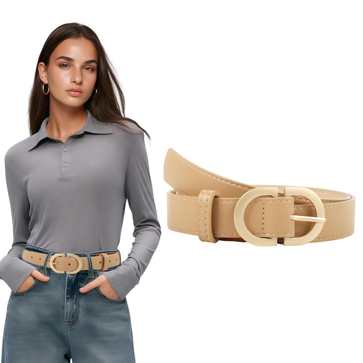PALAY® Belt for Women khaki PU leather slim belt for women jeans and dresses with gold metal buckle,adjustable 105cm strap fits 27-35 inch waist reliable style and everyday versatile wear